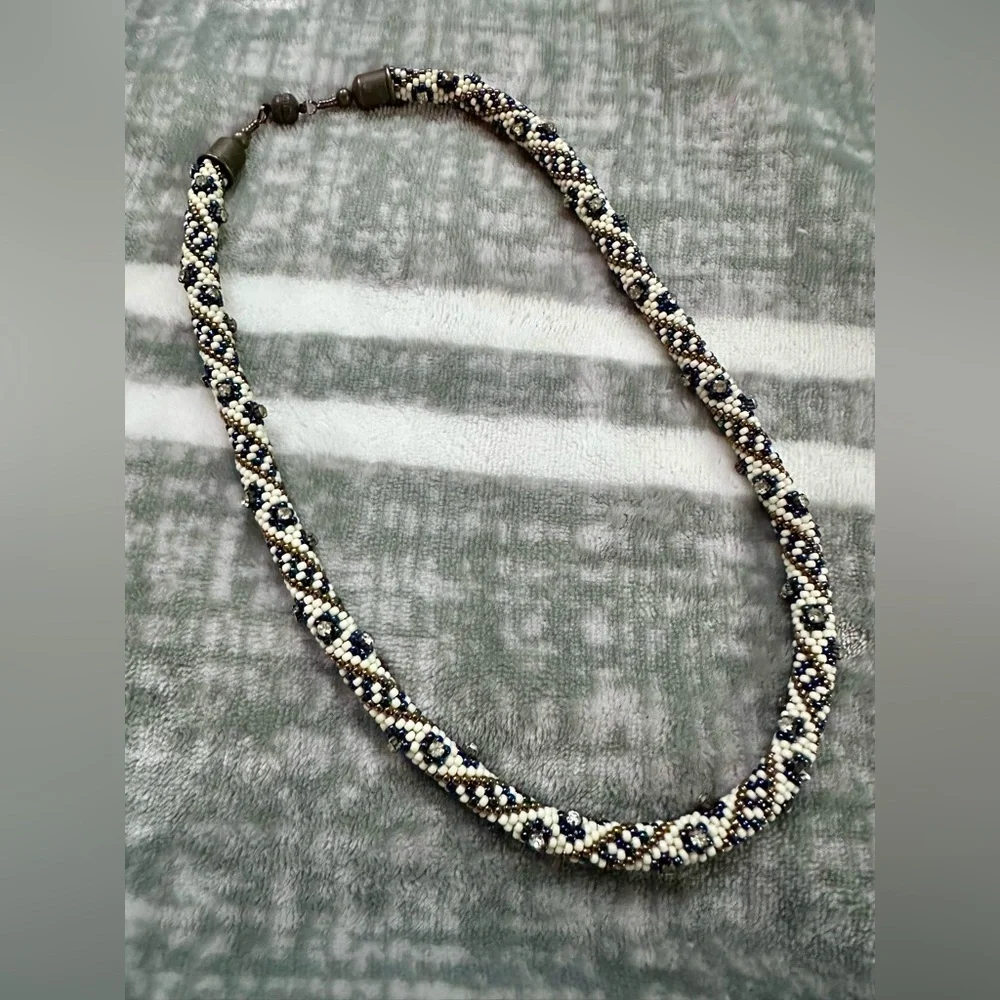 Handmade Beaded Crochet Necklace 21” Cream Blue Bronze Bling Magnetic clasp‎